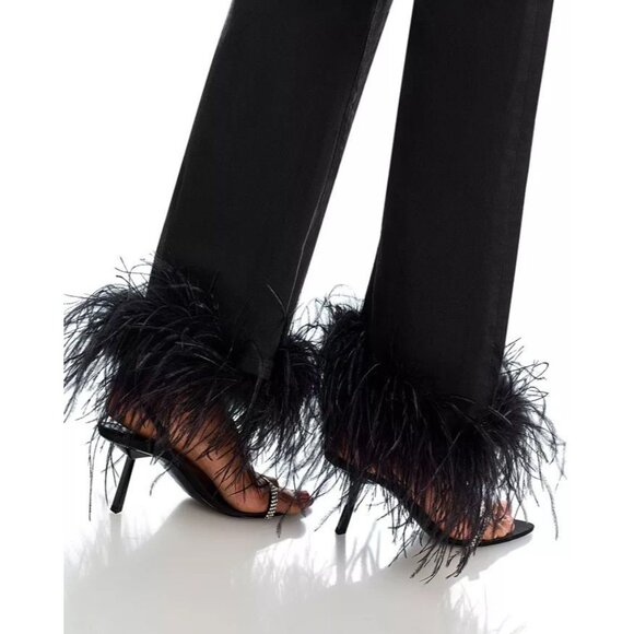 Alice + Olivia Roxie Feather Trim Flared Black Jeans 28 NWT - Picture 6 of 13